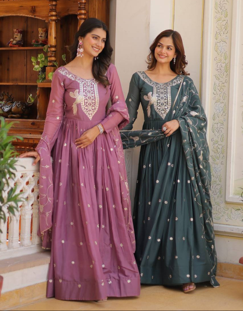 Elegant Star Georgette Gown with Heavy Sequin Embroidery With Matching Dupatta - ETHNICDEAL