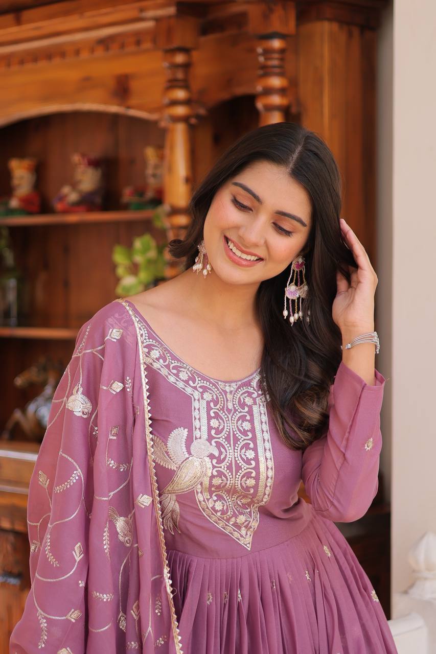 Elegant Star Georgette Gown with Heavy Sequin Embroidery With Matching Dupatta - ETHNICDEAL