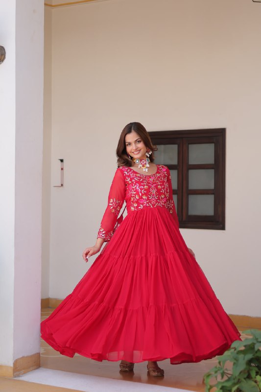 Luxurious Faux Georgette Gown with 3mm Sequence Thread Work - ETHNICDEAL
