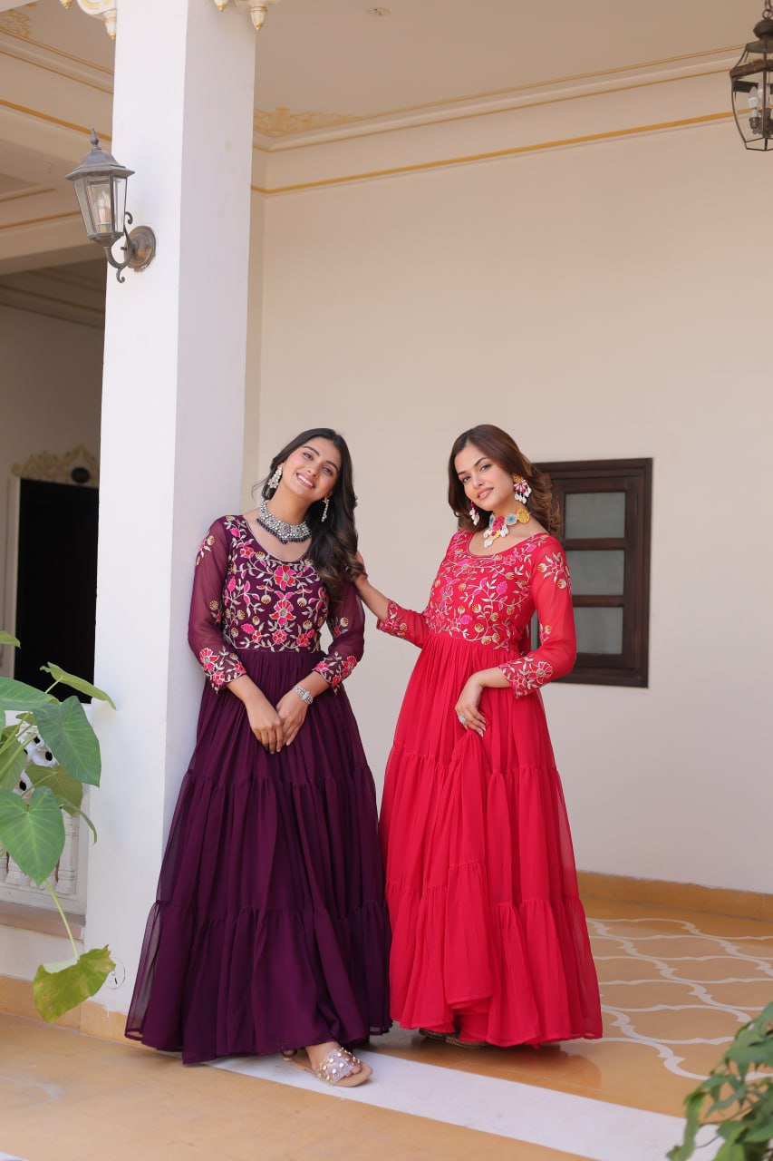 Luxurious Faux Georgette Gown with 3mm Sequence Thread Work - ETHNICDEAL