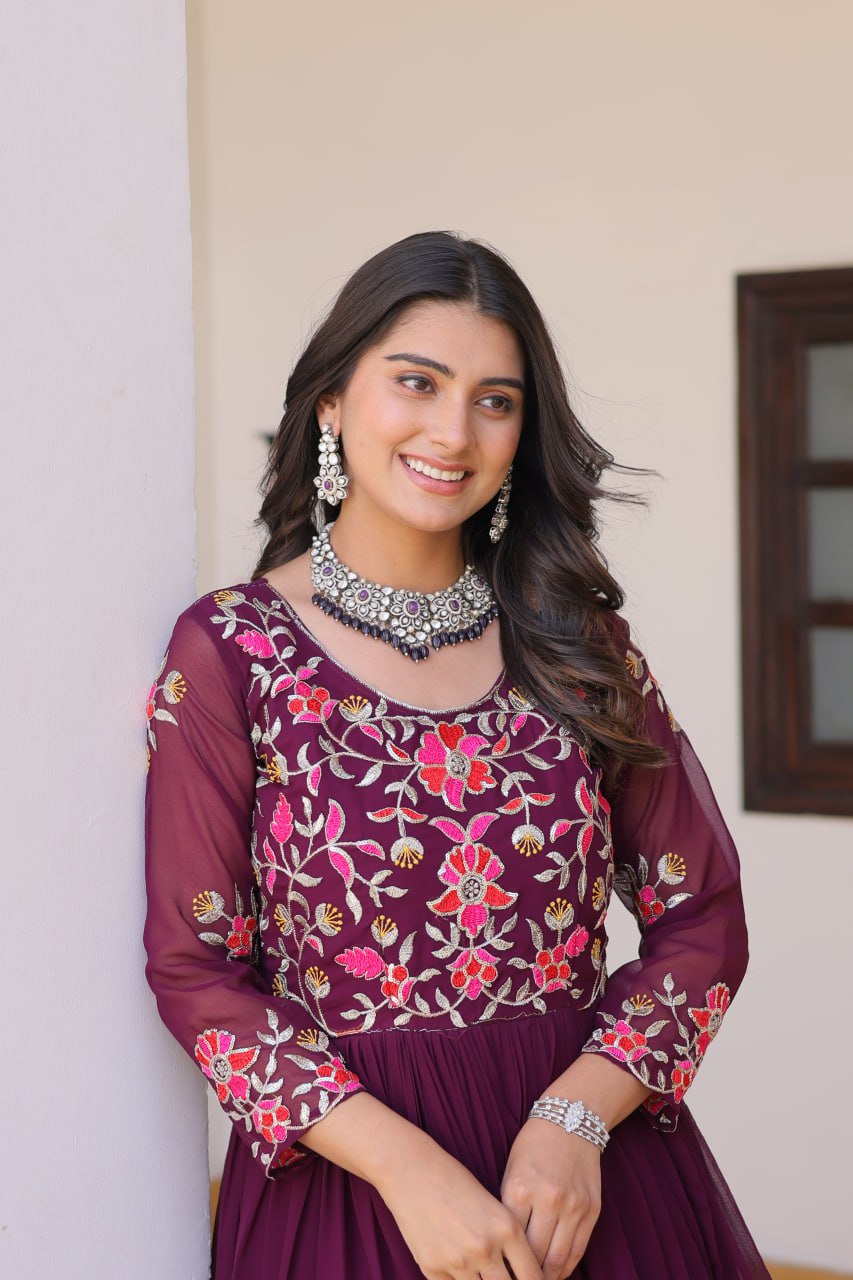 Luxurious Faux Georgette Gown with 3mm Sequence Thread Work - ETHNICDEAL