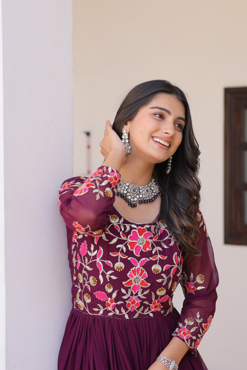 Luxurious Faux Georgette Gown with 3mm Sequence Thread Work - ETHNICDEAL