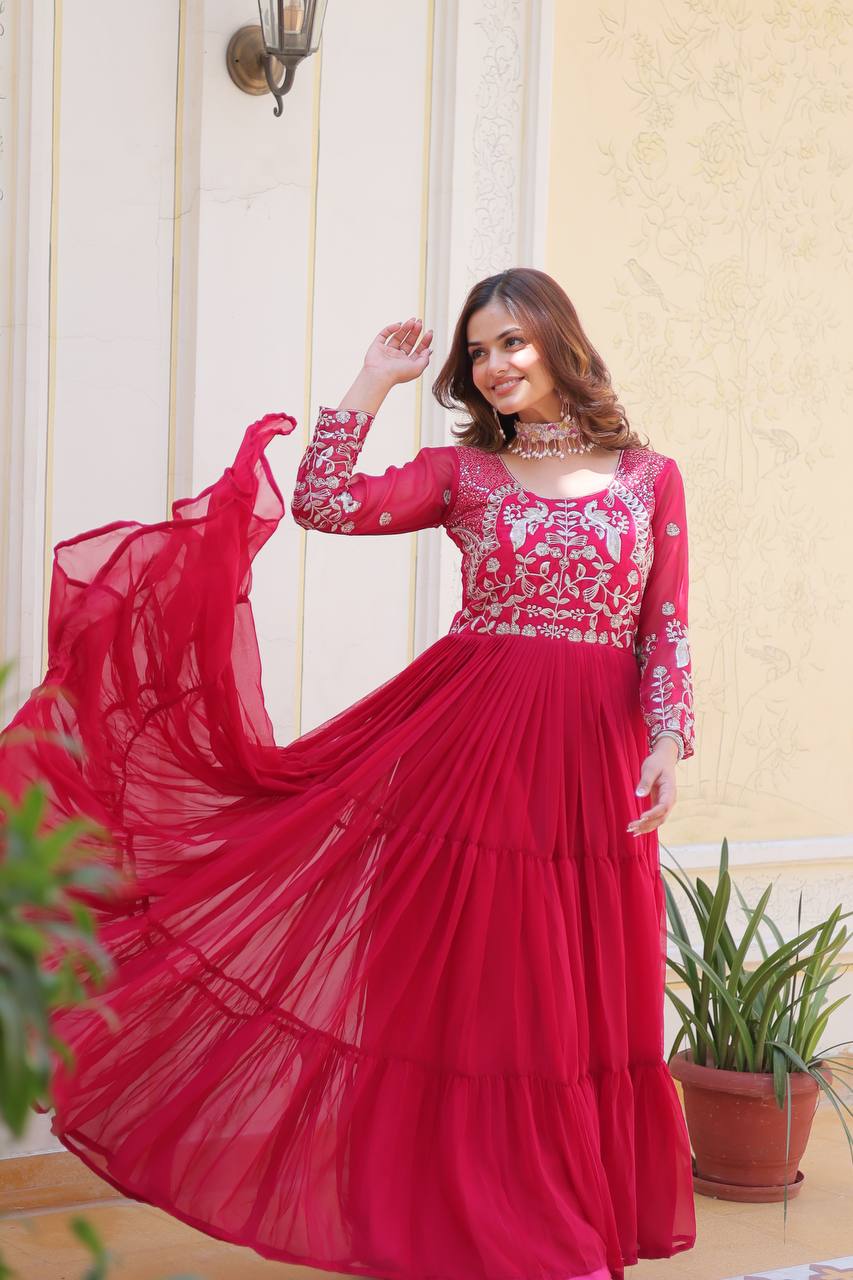Breathtaking Faux Georgette Sequins Embroidered Gown - ETHNICDEAL