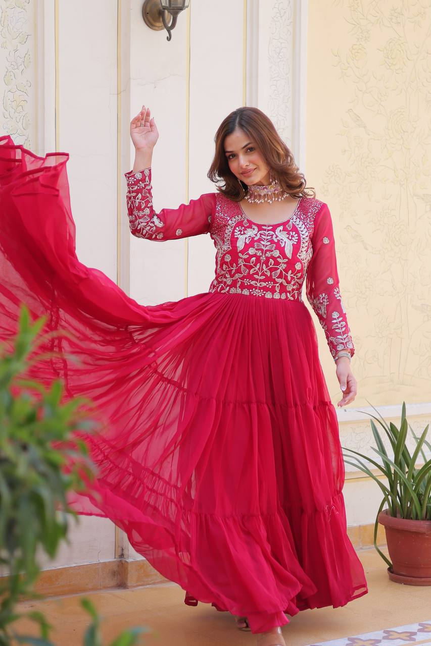 Breathtaking Faux Georgette Sequins Embroidered Gown - ETHNICDEAL