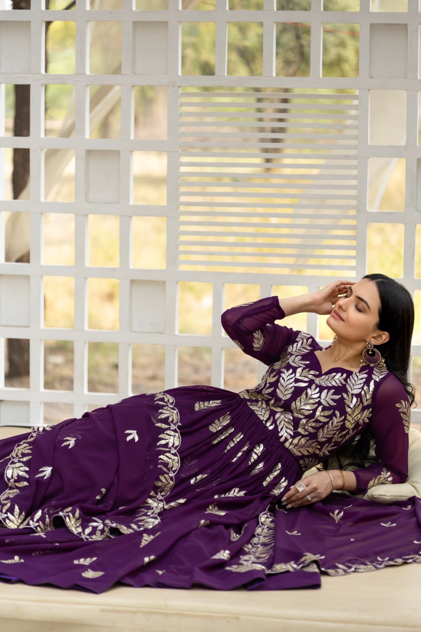 Elegant Faux Georgette Gown with Heavy Sequence Thread Work - ETHNICDEAL