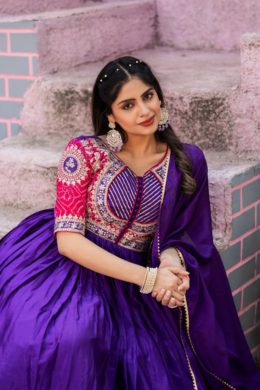 Elegant Pure Chinon Bandhej Gown with Heavy Sequence Embroidery Work - ETHNICDEAL