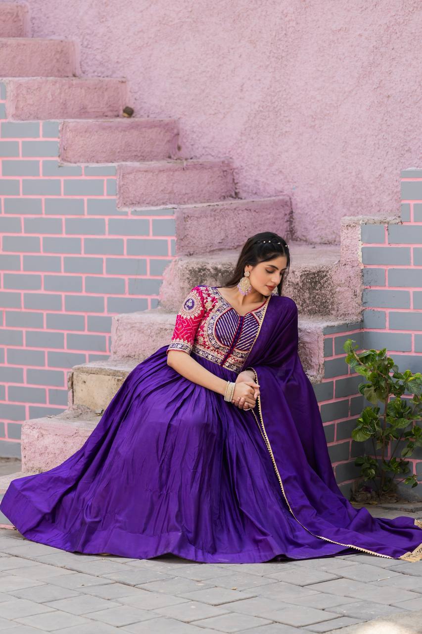 Elegant Pure Chinon Bandhej Gown with Heavy Sequence Embroidery Work - ETHNICDEAL