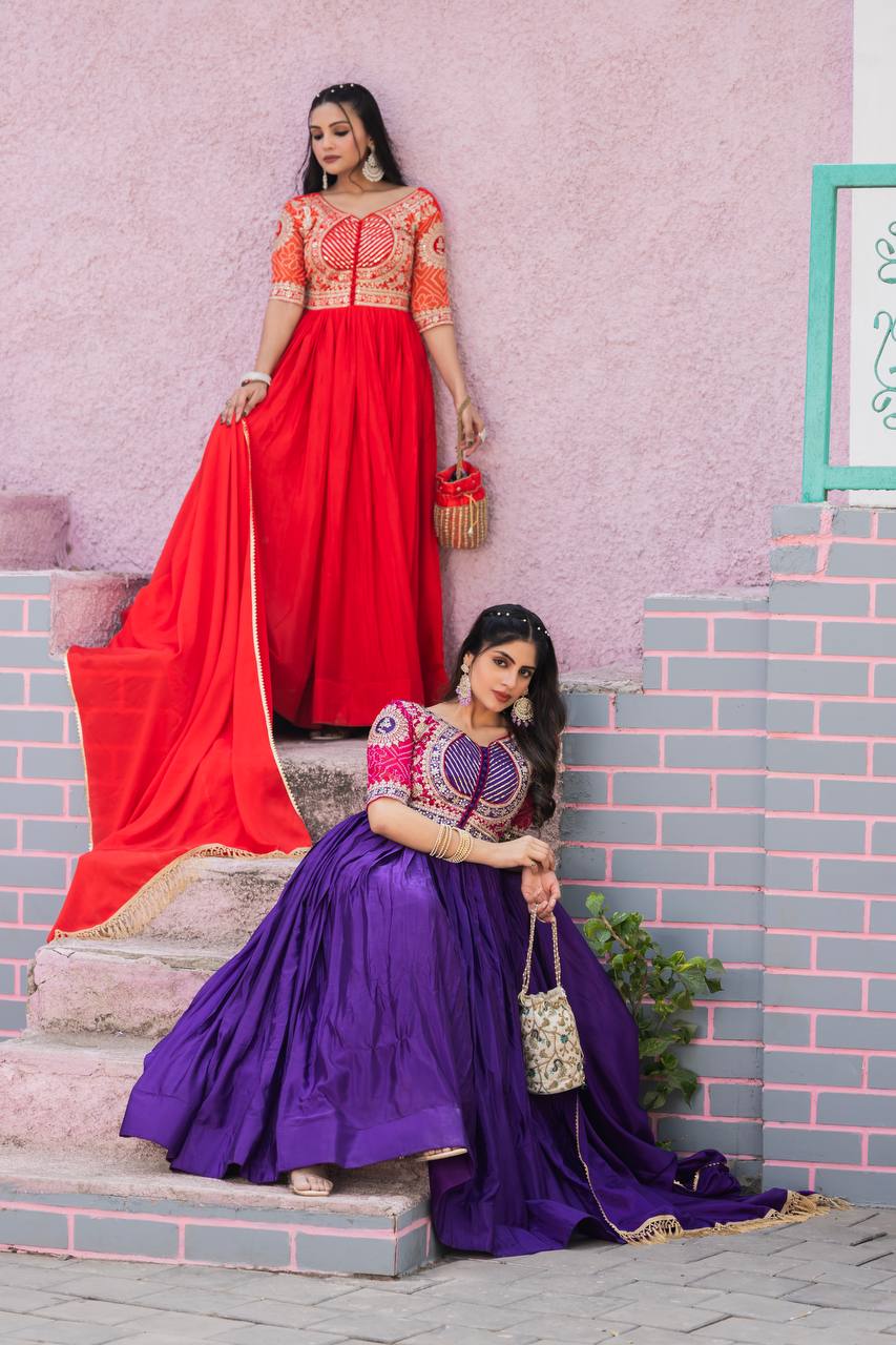 Elegant Pure Chinon Bandhej Gown with Heavy Sequence Embroidery Work - ETHNICDEAL