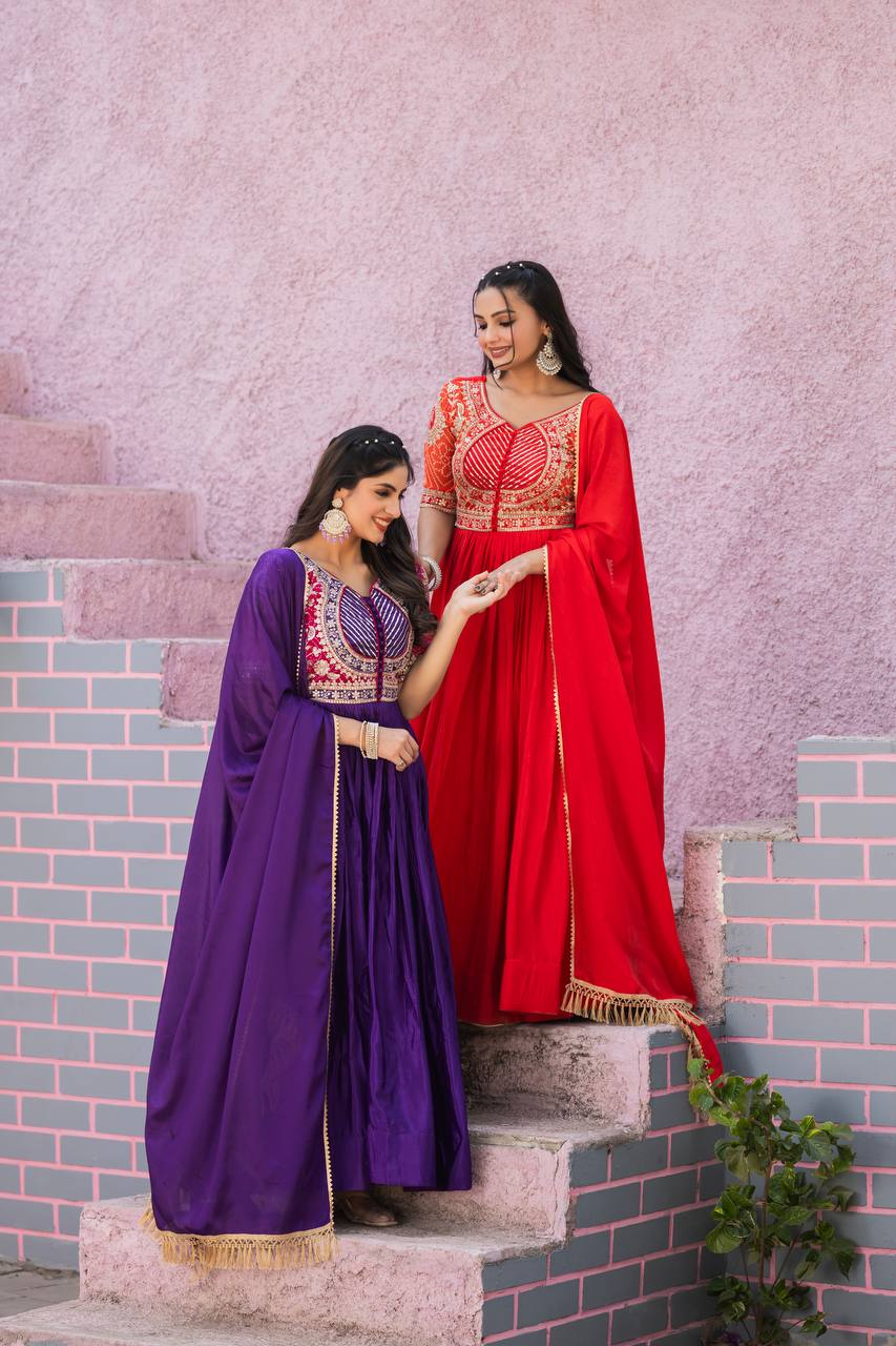 Elegant Pure Chinon Bandhej Gown with Heavy Sequence Embroidery Work - ETHNICDEAL