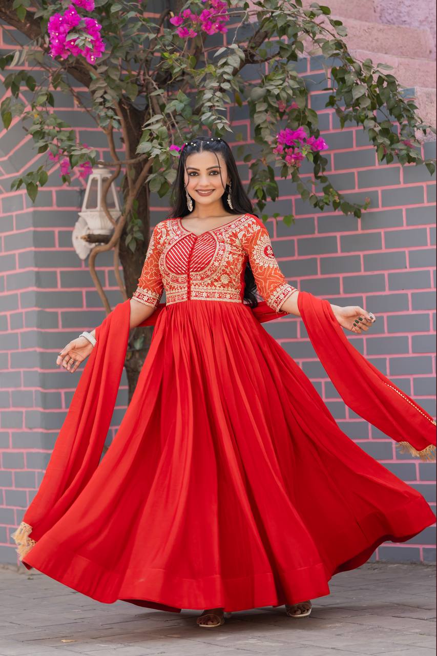 Elegant Pure Chinon Bandhej Gown with Heavy Sequence Embroidery Work - ETHNICDEAL
