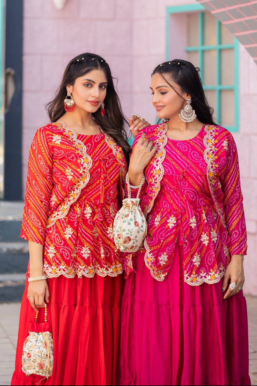 Elegant Bandhej Crop Top Lehenga & Jacket Set – A Perfect Fusion of Tradition & Style - ETHNICDEAL