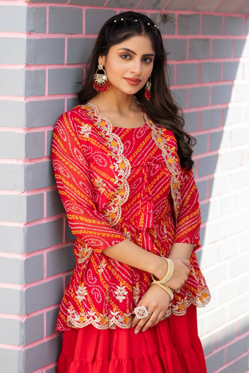Elegant Bandhej Crop Top Lehenga & Jacket Set – A Perfect Fusion of Tradition & Style - ETHNICDEAL