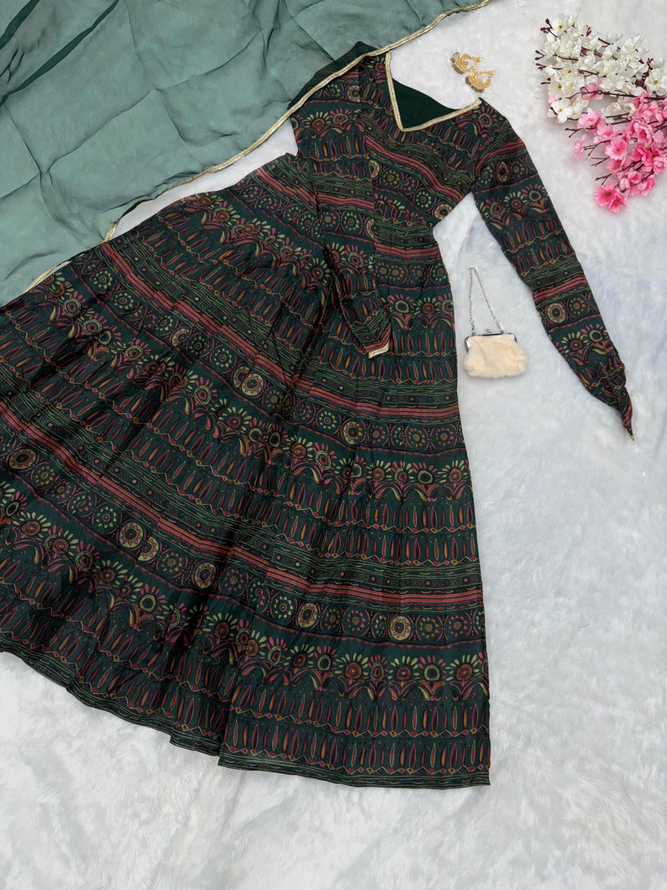 Alluring Mehendi Green Digital Printed Fully Flared Gown With Dupatta - Ethnicwish