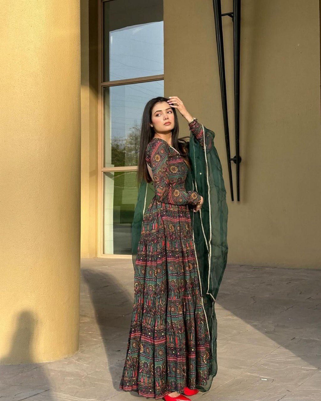 Alluring Mehendi Green Digital Printed Fully Flared Gown With Dupatta - Ethnicwish