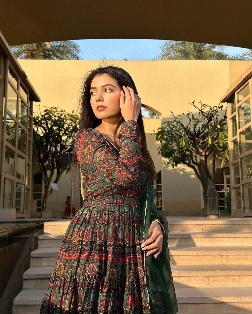 Alluring Mehendi Green Digital Printed Fully Flared Gown With Dupatta - Ethnicwish