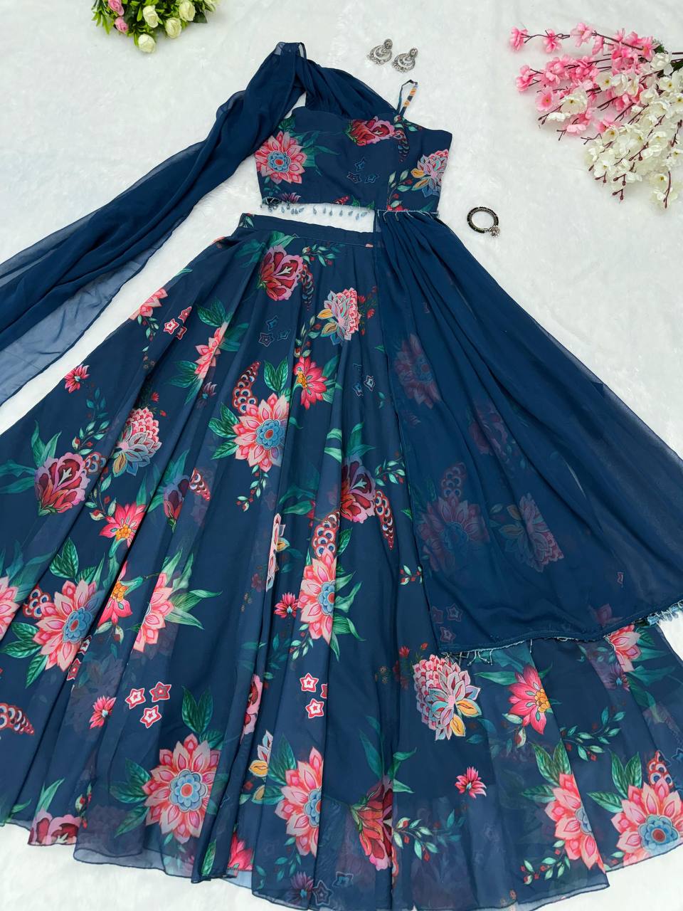 Blue Fully Stitched Floral Digital Printed Georgette Lehenga Set