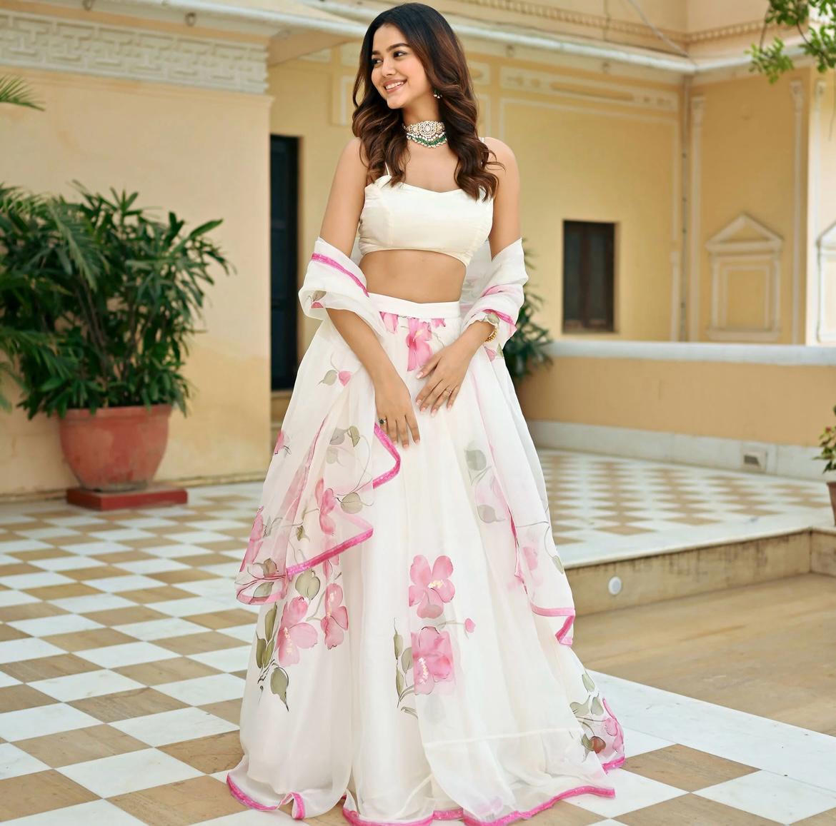 Resplendent Pure Satin Silk Floral Designer Lehenga Choli Set - Ethnicwish