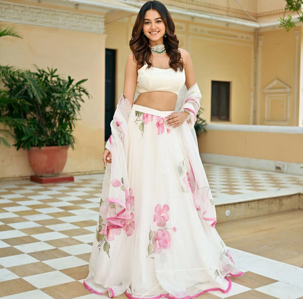 Resplendent Pure Satin Silk Floral Designer Lehenga Choli Set - Ethnicwish