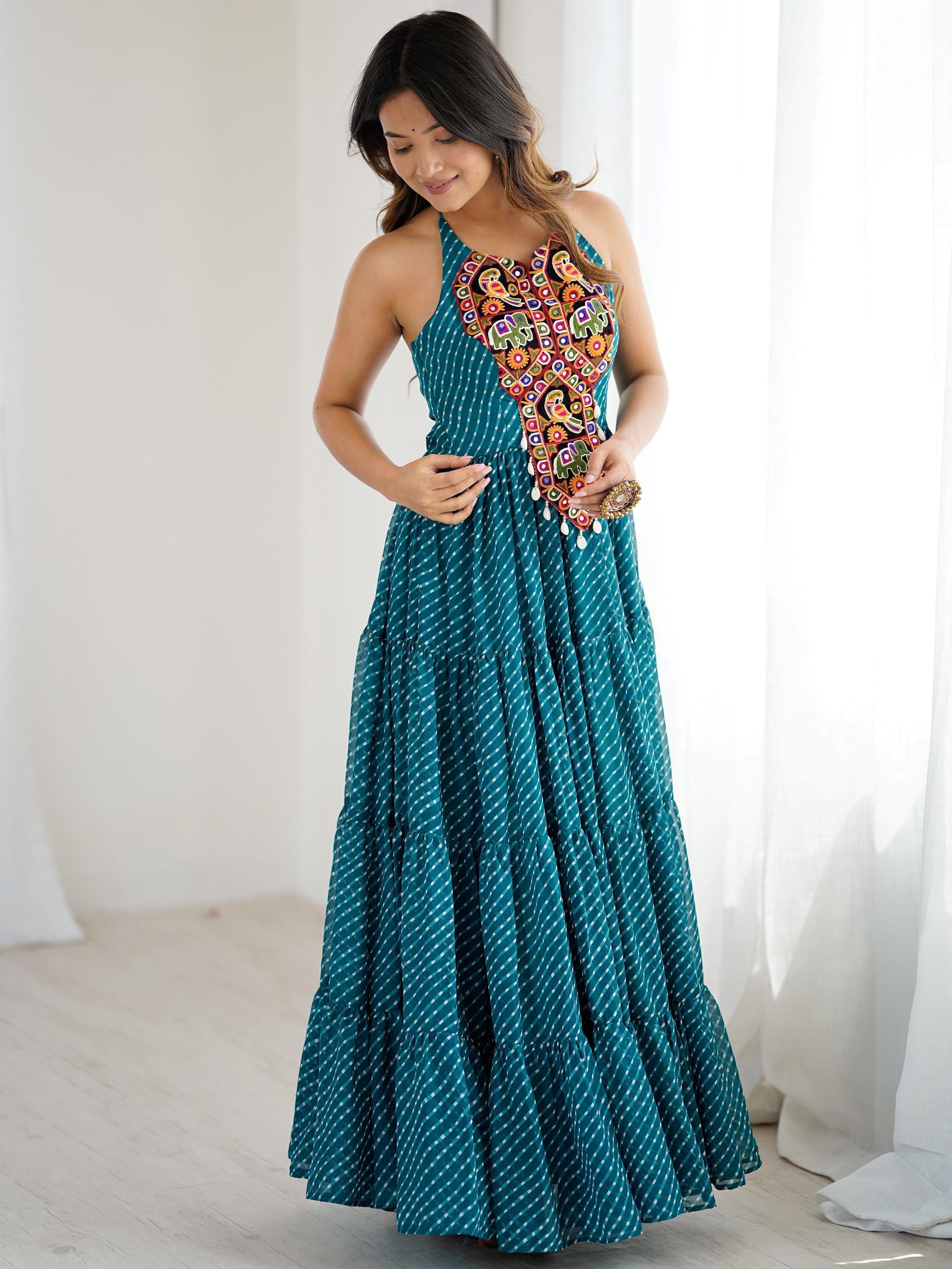 Precious Blue Digital Printed Georgette Navratri Special Gown