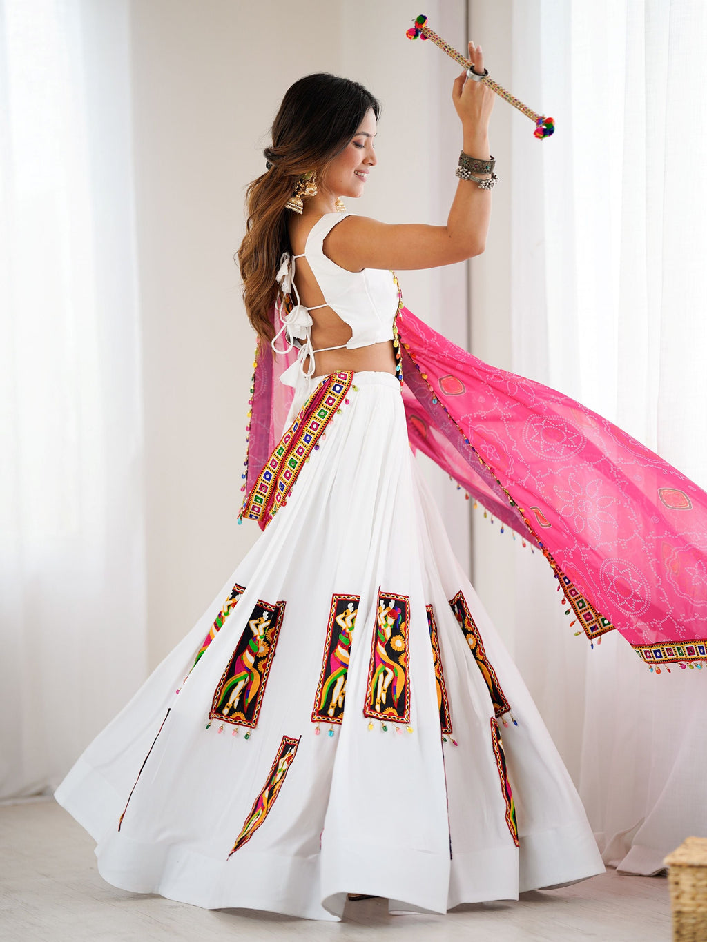 Magnetic White Gamthi Work Rayon Navratri Lehenga Choli With Dupatta