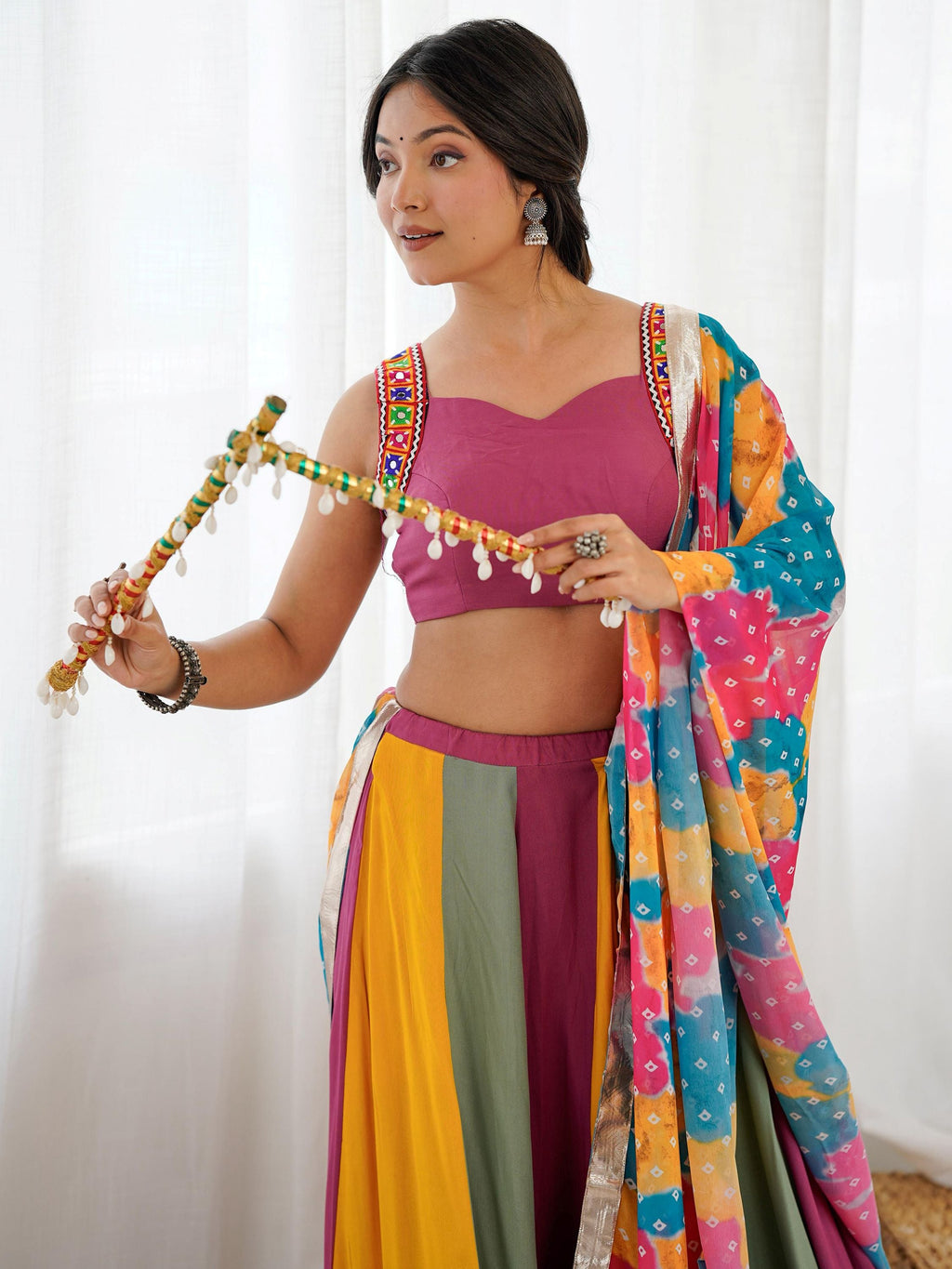 Stylish Multi-Color Rayon Navratri Wear Lehenga Choli With Printed Dupatta