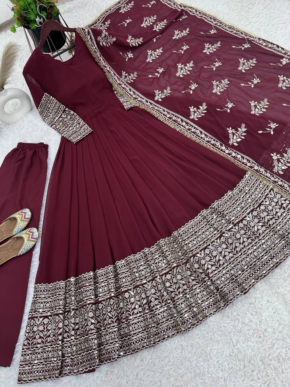 Alluring Maroon Faux Georgette Sequins Embroidered Anarkali Suit - ETHNICDEAL