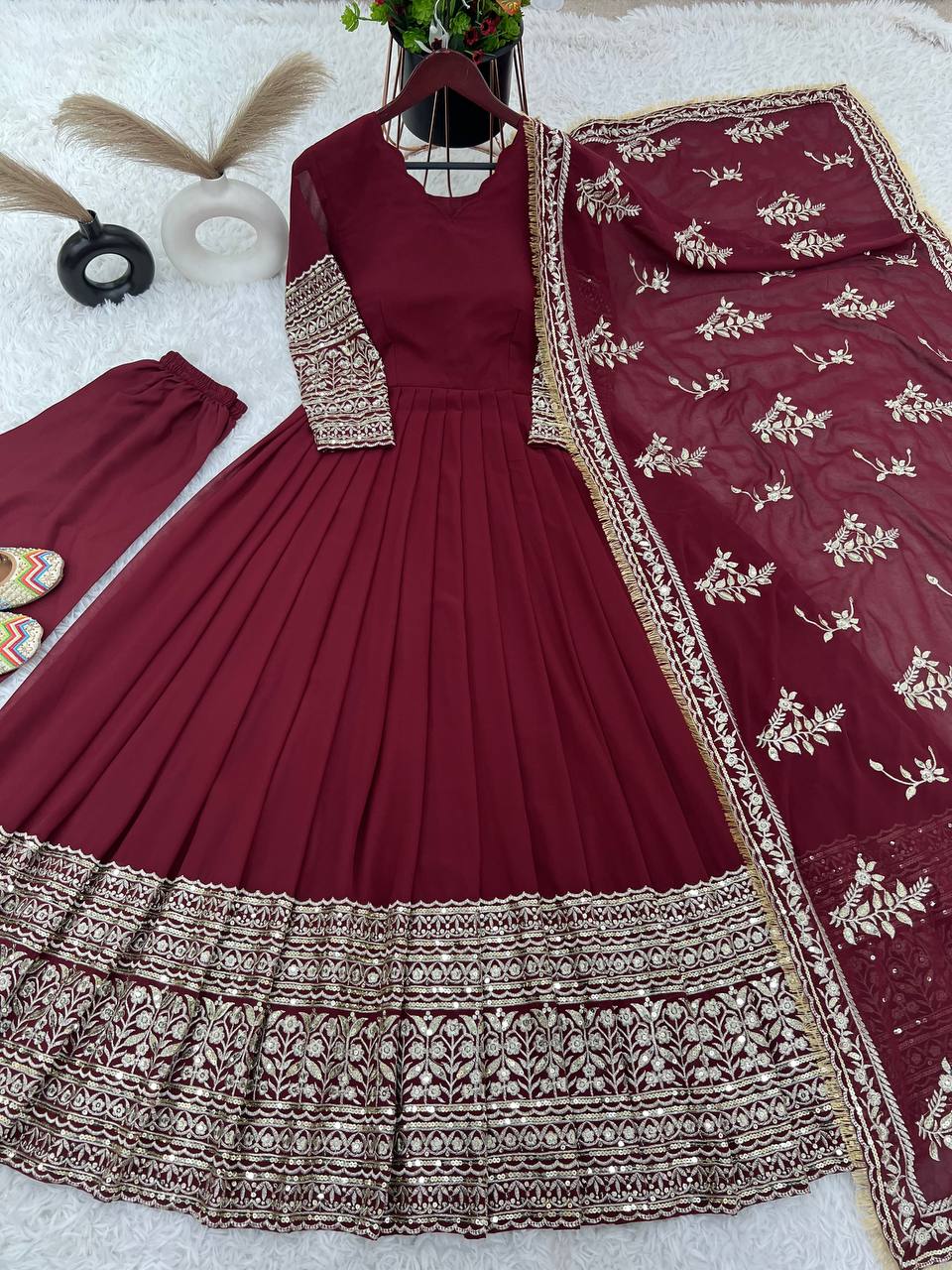 Alluring Maroon Faux Georgette Sequins Embroidered Anarkali Suit - ETHNICDEAL