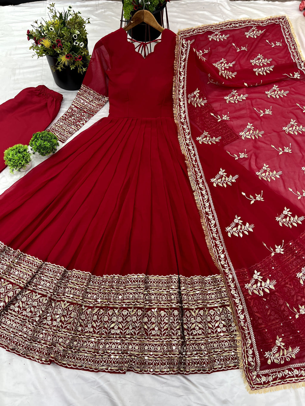 Breathtaking Pink Faux Georgette Sequins Embroidered Anarkali Suit - ETHNICDEAL