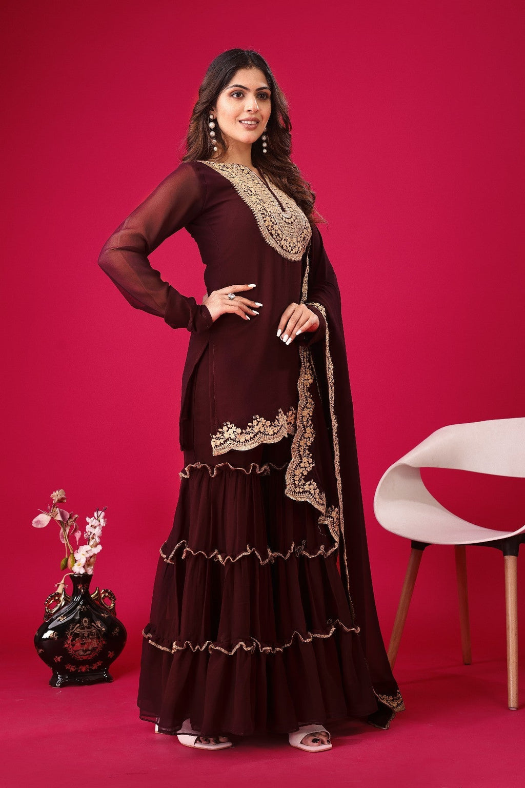 Fabulous Maroon Faux Georgette Sequins Embroidered Top Palazzo Suit - Ethnicwish