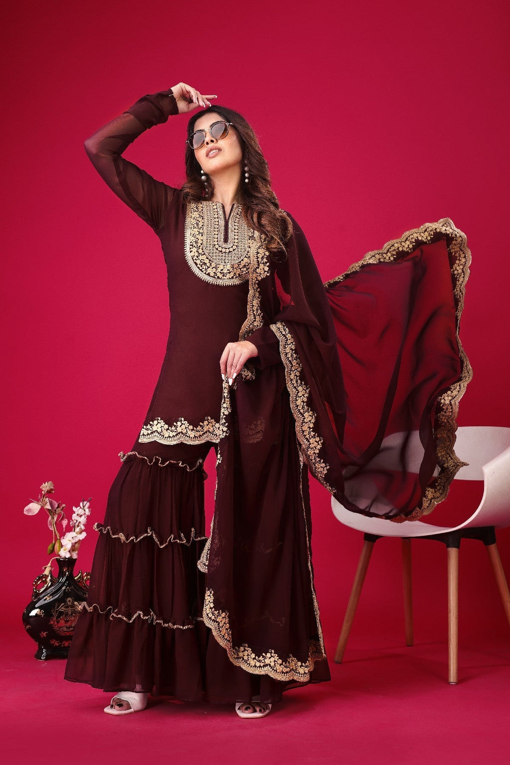 Fabulous Maroon Faux Georgette Sequins Embroidered Top Palazzo Suit - Ethnicwish