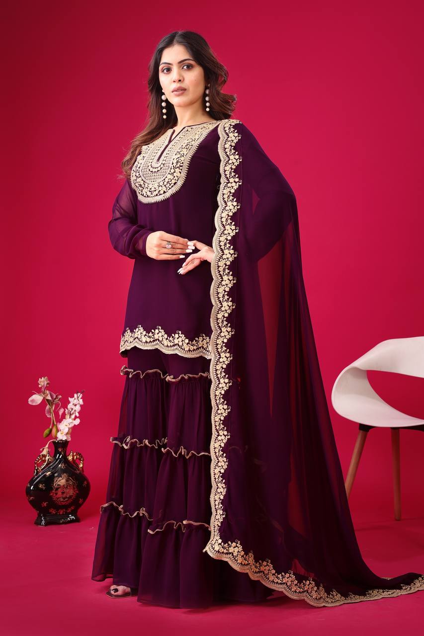Stylish Wine Faux Georgette Sequins Embroidered Top Palazzo Suit - Ethnicwish