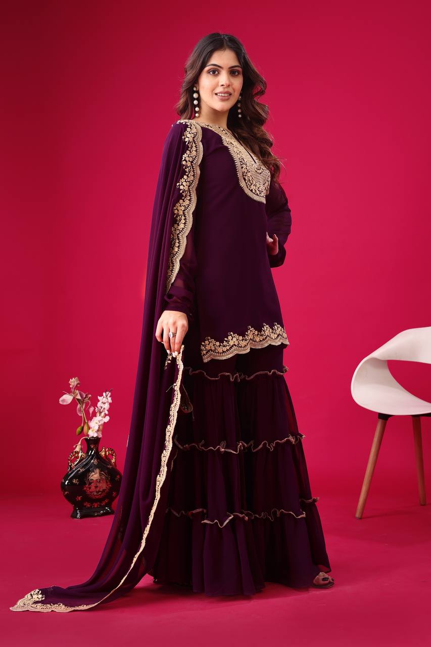 Stylish Wine Faux Georgette Sequins Embroidered Top Palazzo Suit - Ethnicwish