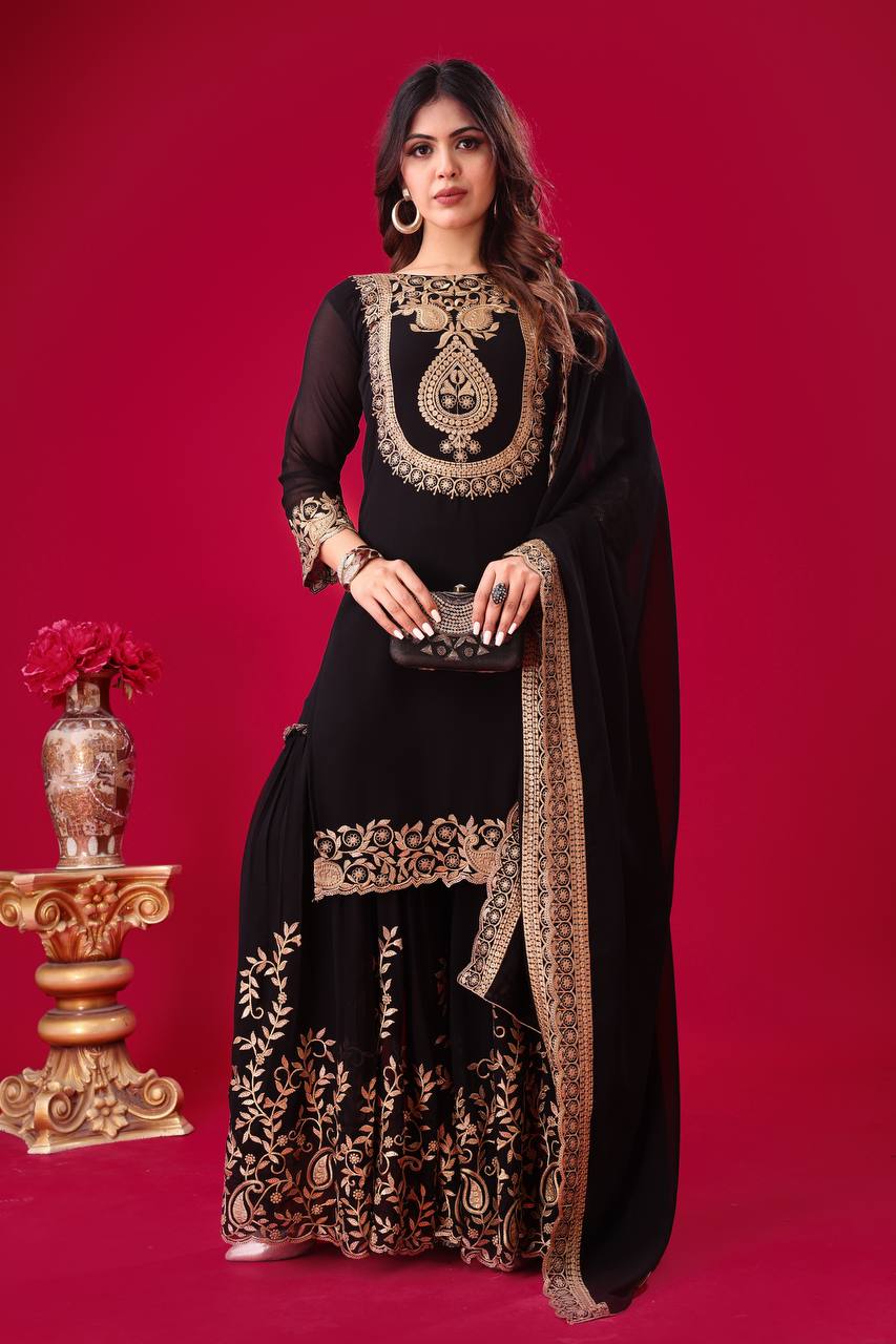 Ravishing Black Faux Georgette Sequins Embroidered Top Palazzo Suit - Ethnicwish