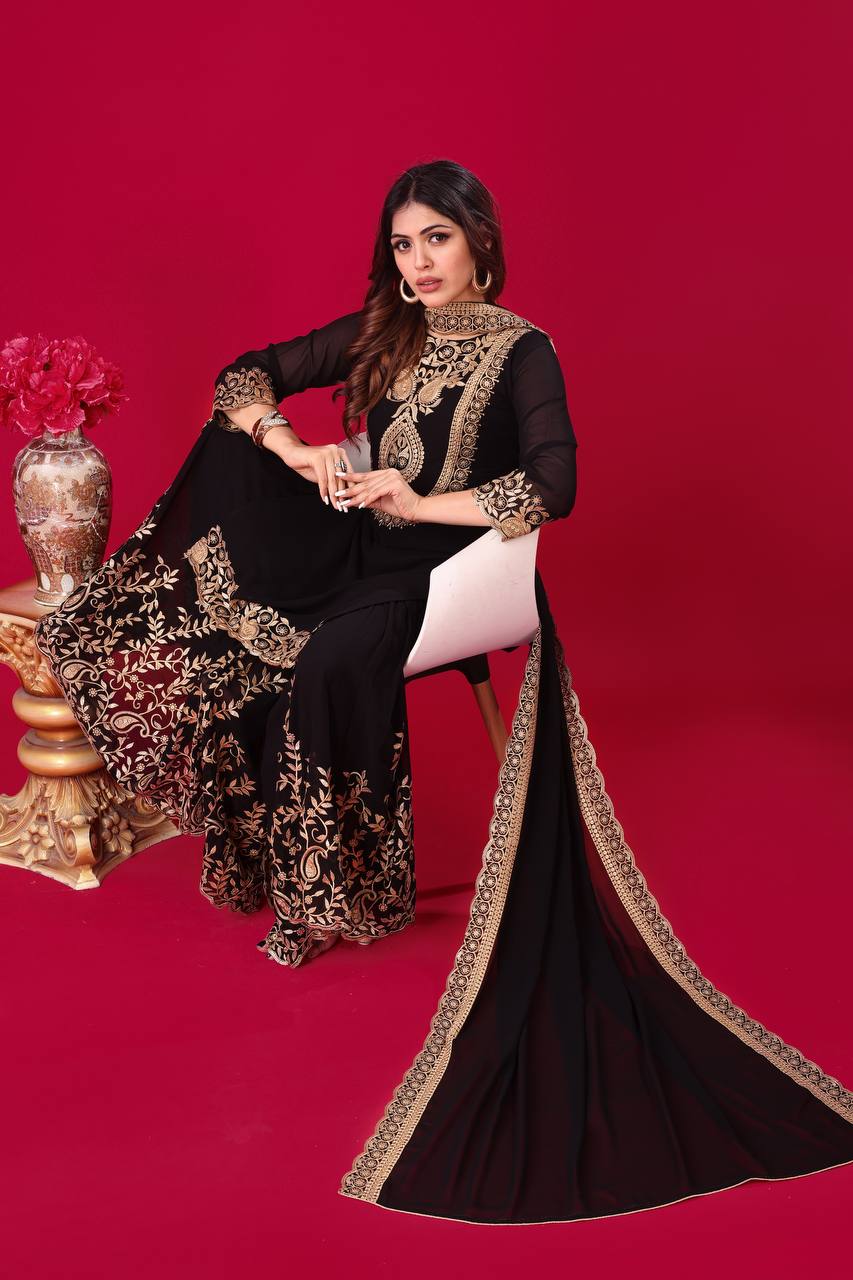 Ravishing Black Faux Georgette Sequins Embroidered Top Palazzo Suit - Ethnicwish