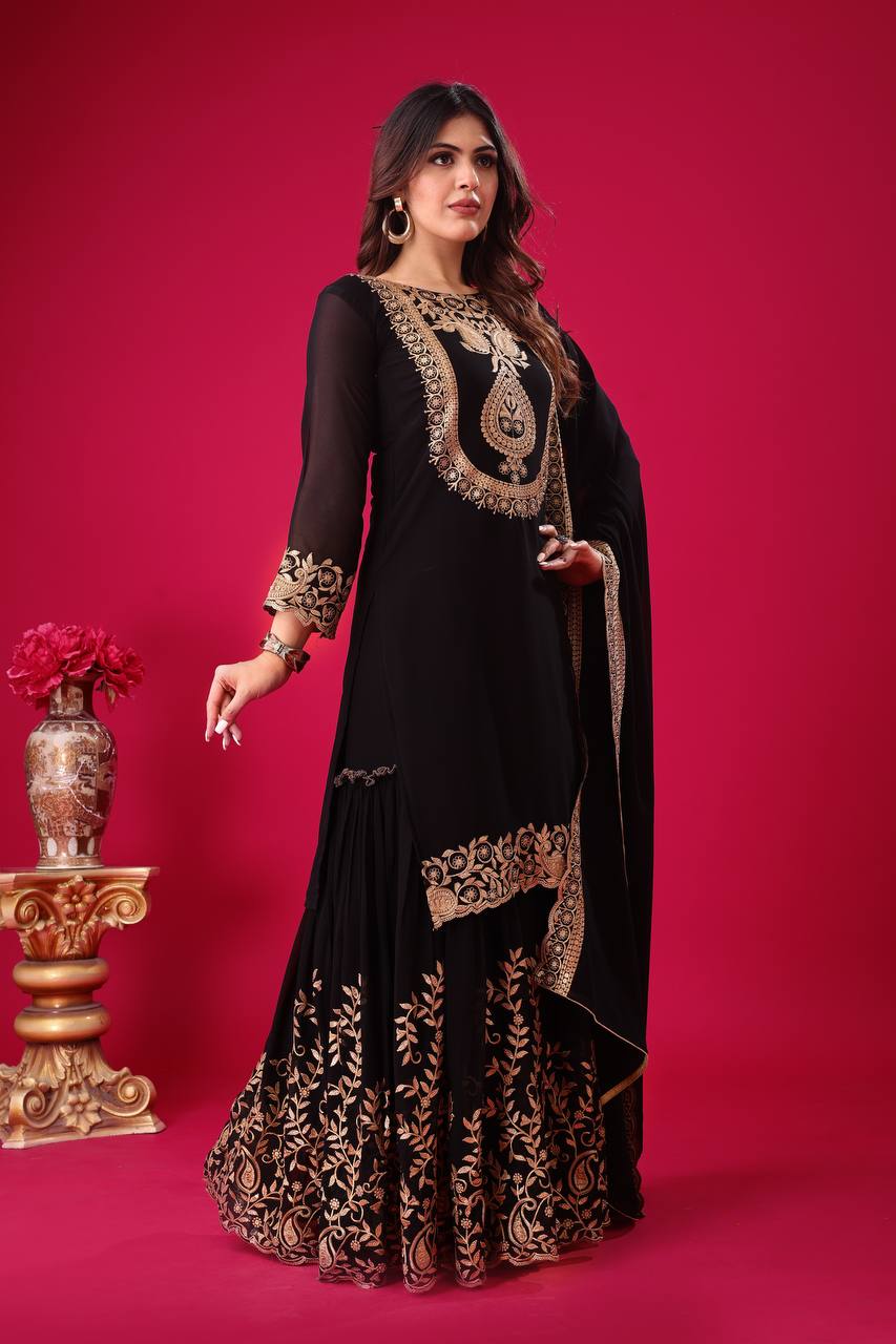 Ravishing Black Faux Georgette Sequins Embroidered Top Palazzo Suit - Ethnicwish