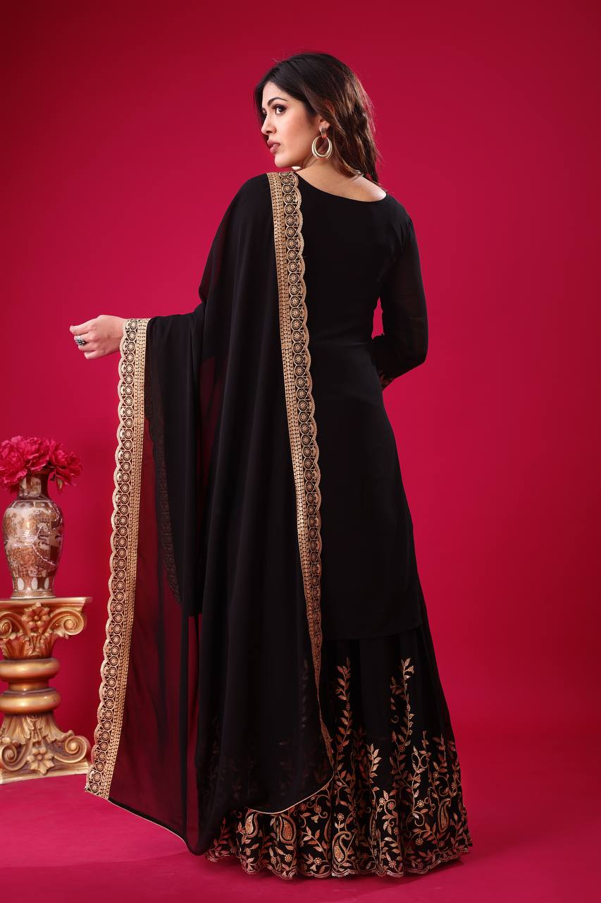 Ravishing Black Faux Georgette Sequins Embroidered Top Palazzo Suit - Ethnicwish