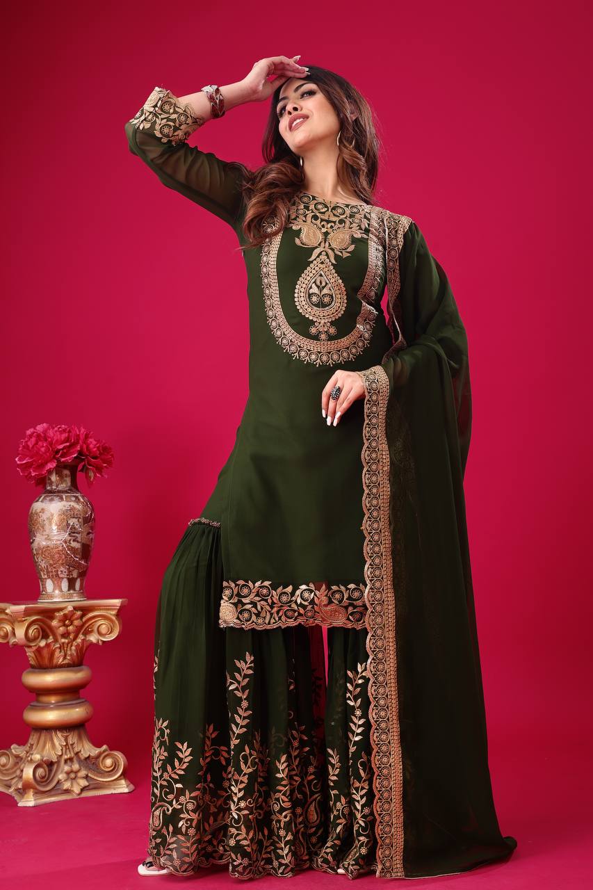 Divine Green Faux Georgette Sequins Embroidered Top Palazzo Suit - Ethnicwish