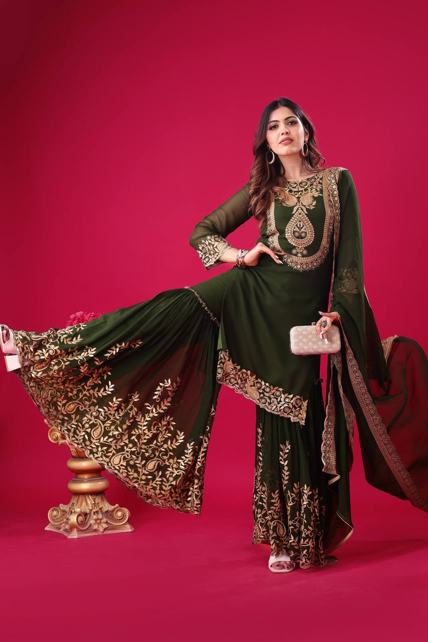 Divine Green Faux Georgette Sequins Embroidered Top Palazzo Suit - Ethnicwish