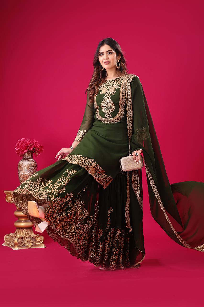 Divine Green Faux Georgette Sequins Embroidered Top Palazzo Suit - Ethnicwish