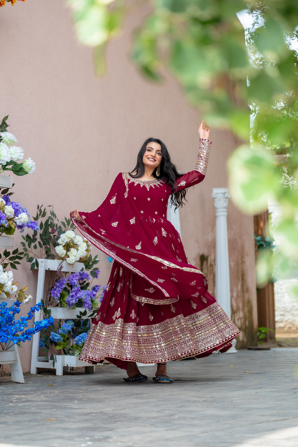 Sublime Maroon Faux Georgette Sequins Embroidered Anarkali Suit - ETHNICDEAL