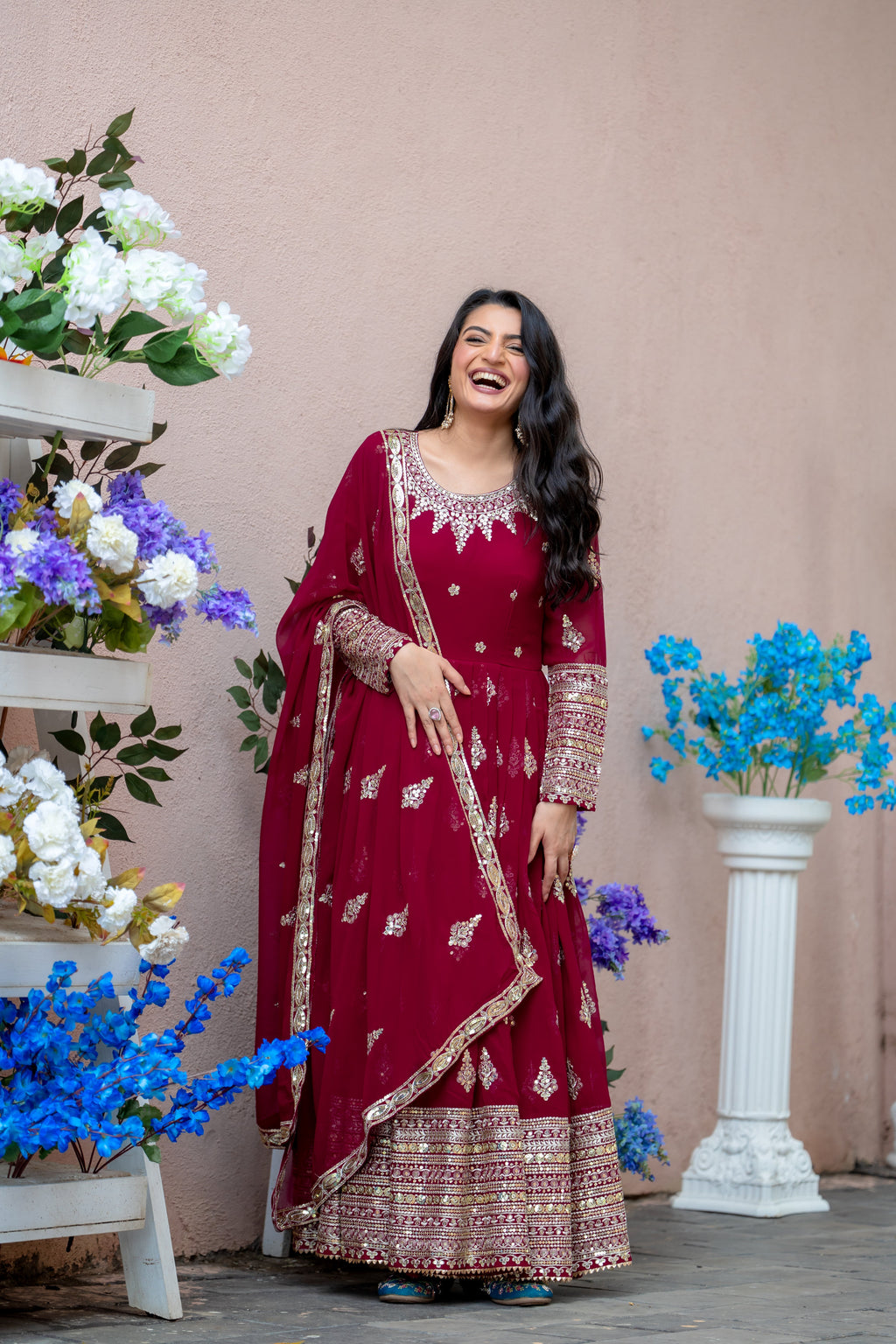 Sublime Maroon Faux Georgette Sequins Embroidered Anarkali Suit - ETHNICDEAL