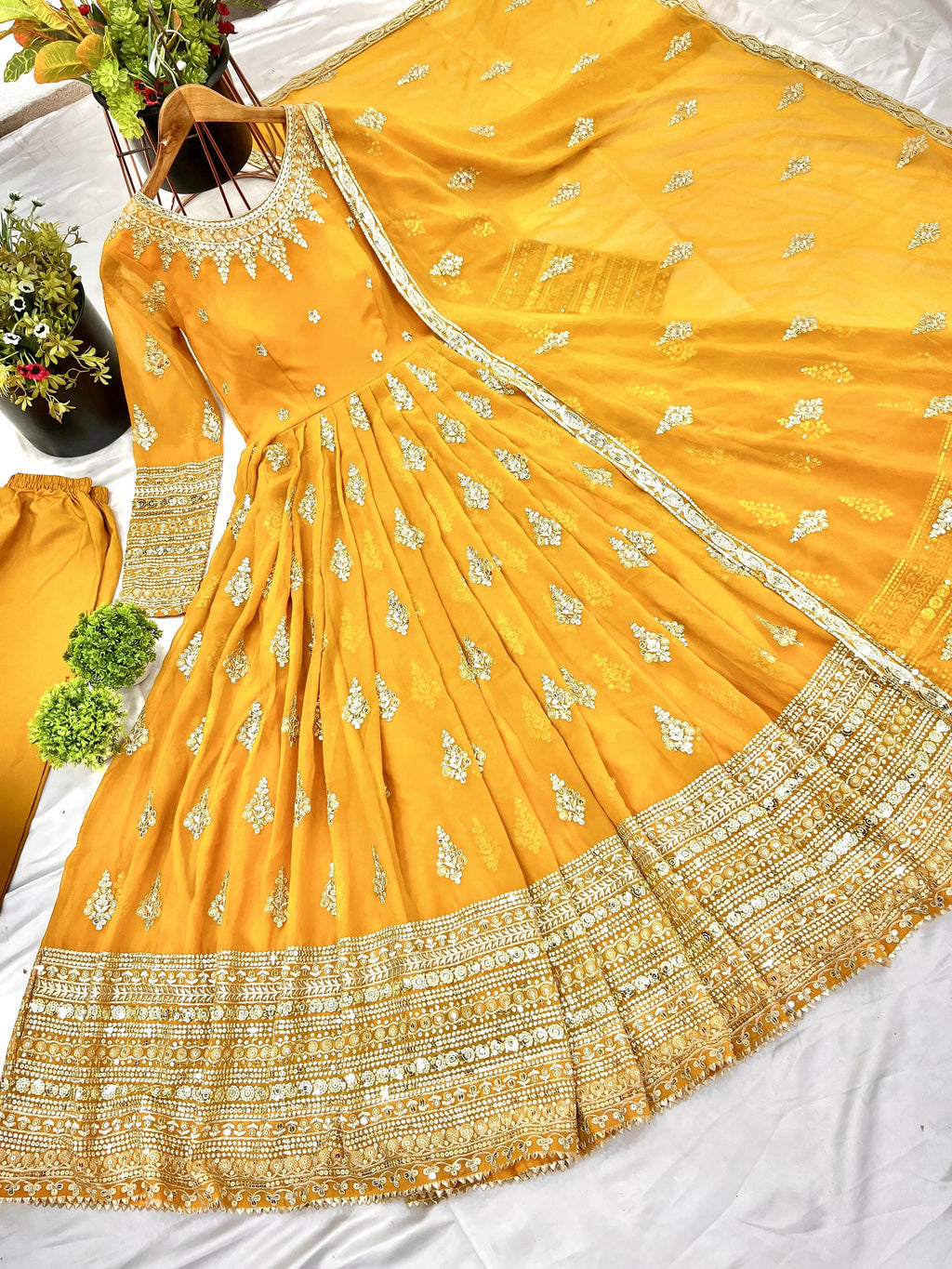 Luminous Mustard Yellow Faux Georgette Sequins Embroidered Anarkali Suit - ETHNICDEAL