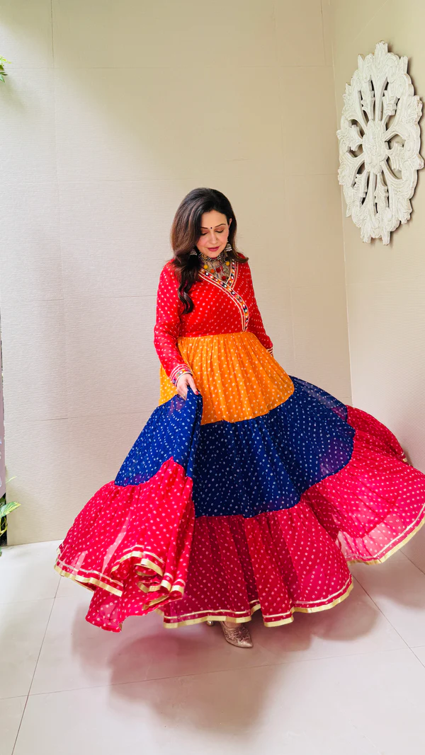 Premium Georgette Gown with Real Mirror Lace Border - ETHNICDEAL