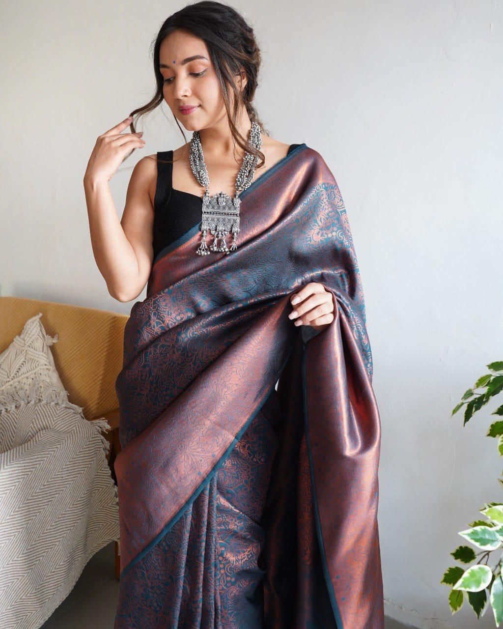 Lovely Soft Silk With Intricate Copper Zari Weaving Worked Saree - Ethnicwish