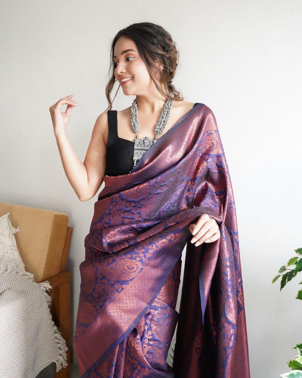 Lovely Soft Silk With Intricate Copper Zari Weaving Worked Saree - Ethnicwish