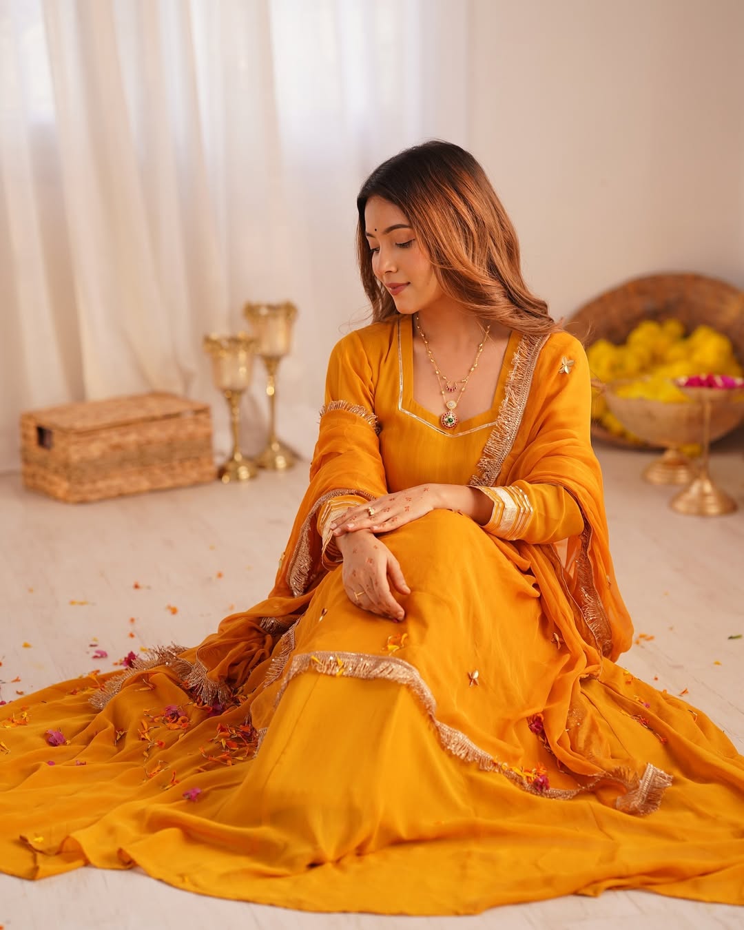 Spellbinding Mustard Georgette Gota Patti Worked Gown With Dupatta - Ethnicwish