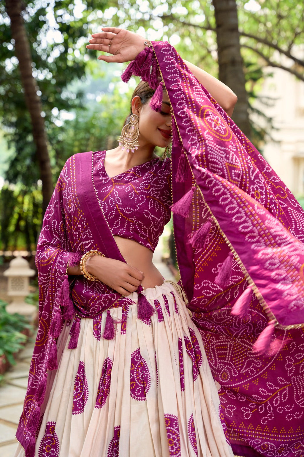 Adorable Tussar Silk Bandhej Printed Lehenga Choli Set - Ethnicwish