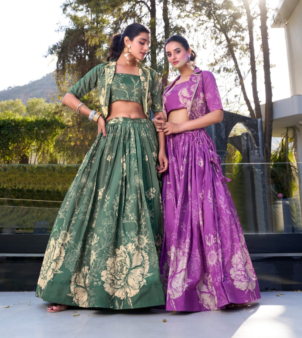 Exquisite Tussar Silk Floral Printed Lehenga Choli  Koti Set - ETHNICDEAL