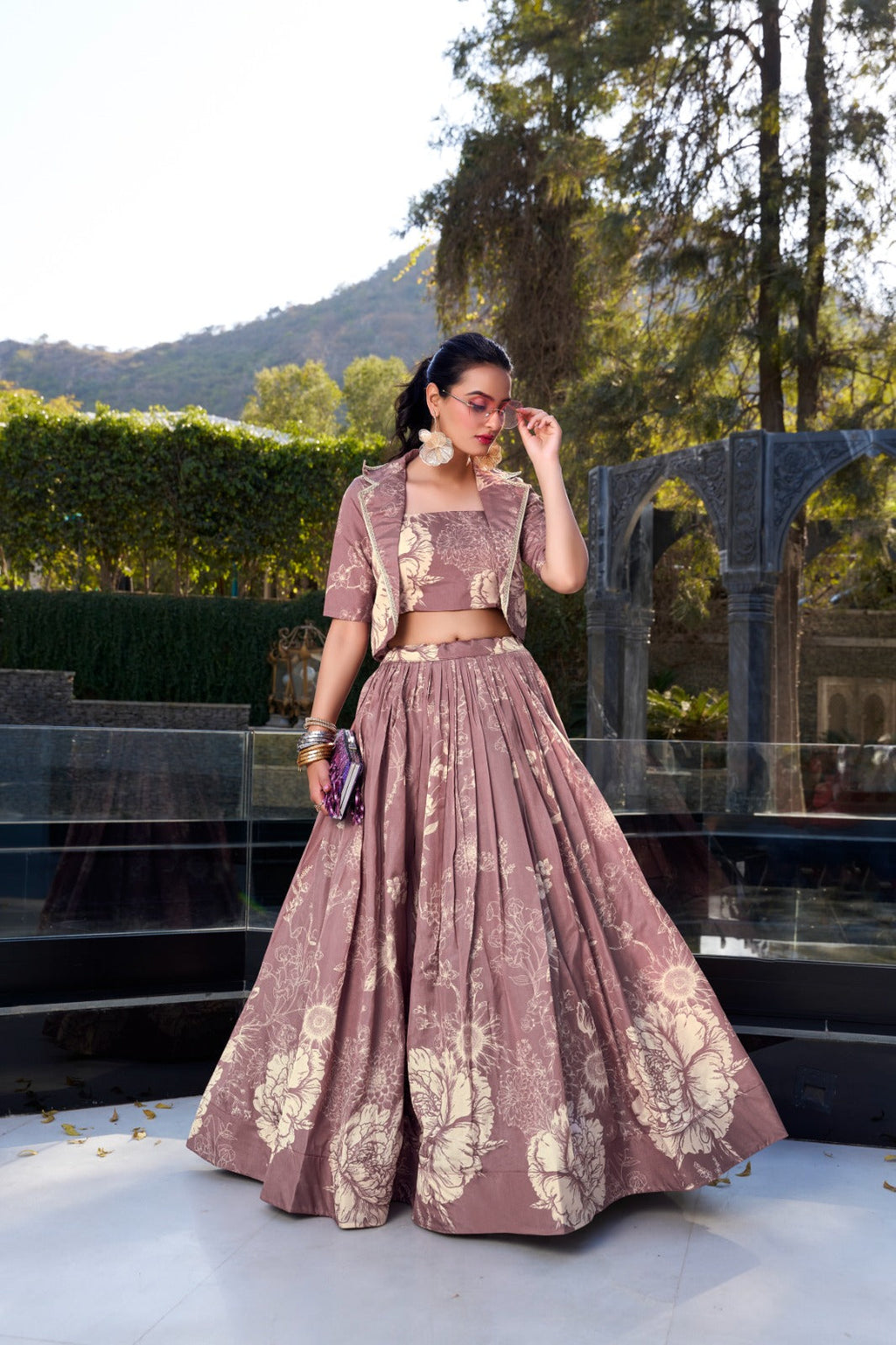 Exquisite Tussar Silk Floral Printed Lehenga Choli  Koti Set - ETHNICDEAL