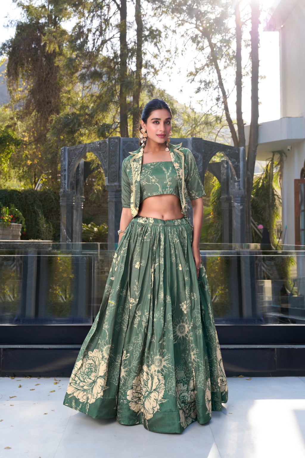 Exquisite Tussar Silk Floral Printed Lehenga Choli  Koti Set - ETHNICDEAL